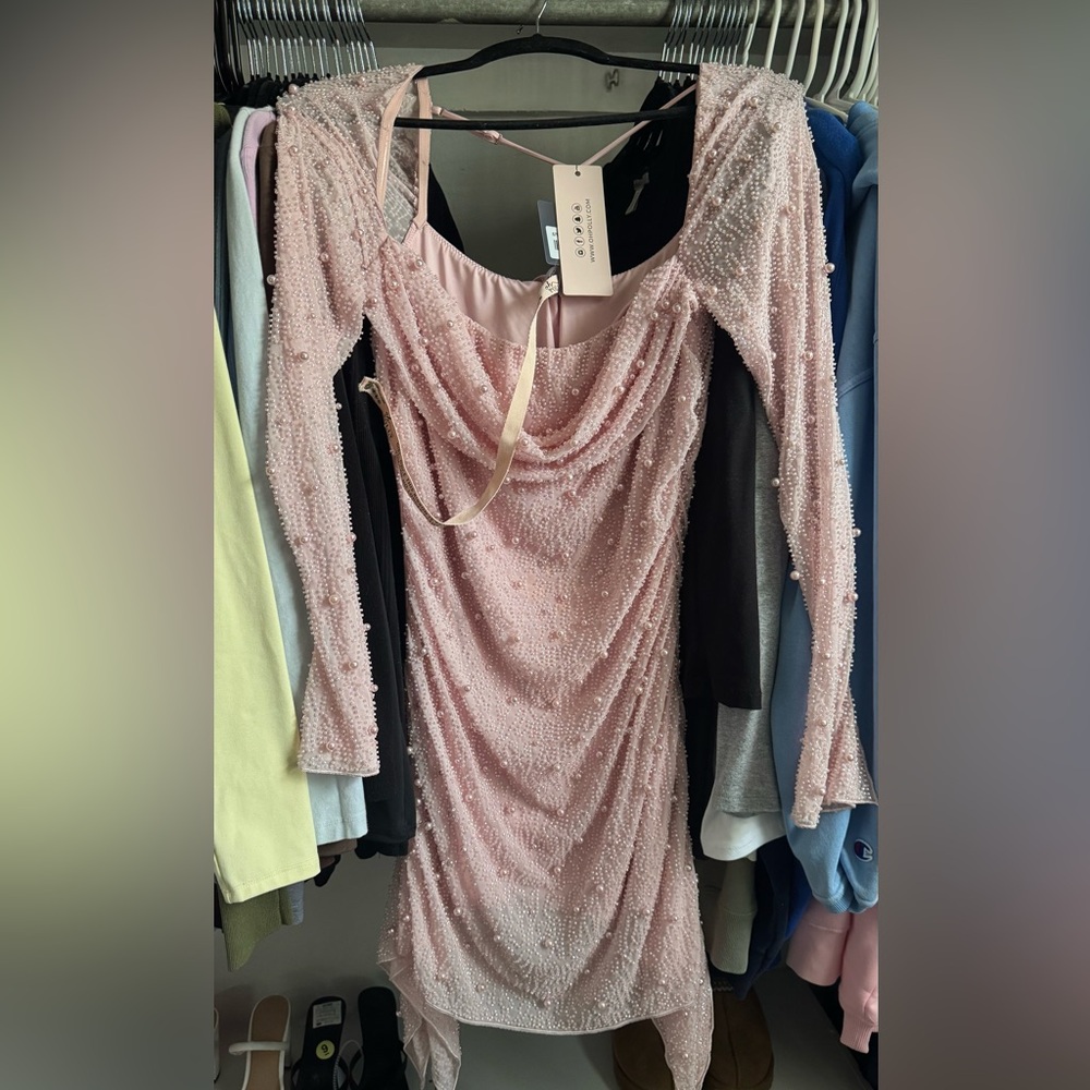 Oh Polly Pink Long Sleeve Beaded Dress